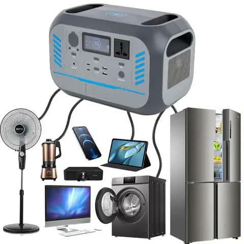 Grey portable power station shown with fan, fridge and washing machine