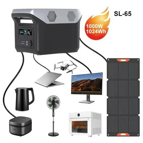 SL-65 portable power station 1000W with solar panel, shown with laptop, fan and oven
