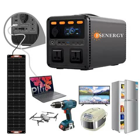 Portable power station with solar panel, shown with laptop, TV and fridge