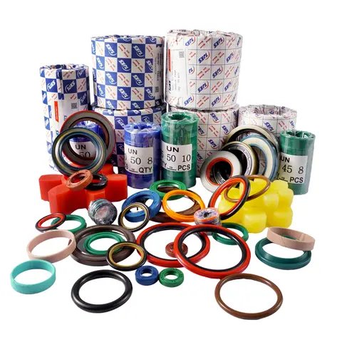 An assortment of seal rings with labelled packs standing behind them.