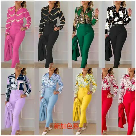 Eight women wearing patterned long-sleeve shirt and trouser sets in different colours.