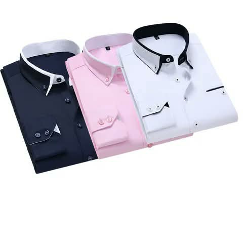 Folded shirts with contrast collars, in navy, pink and white.