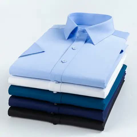 Short-sleeve shirts stacked in five colours.