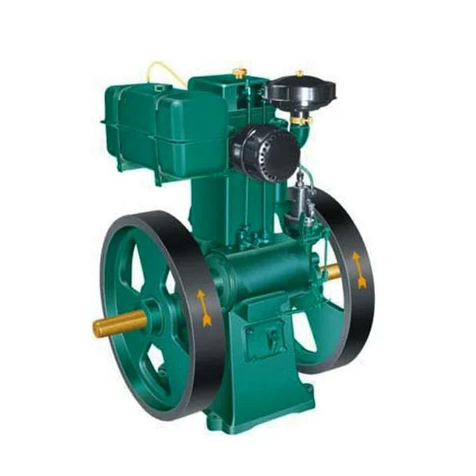 A green stationary engine with two large flywheels and a black air filter.