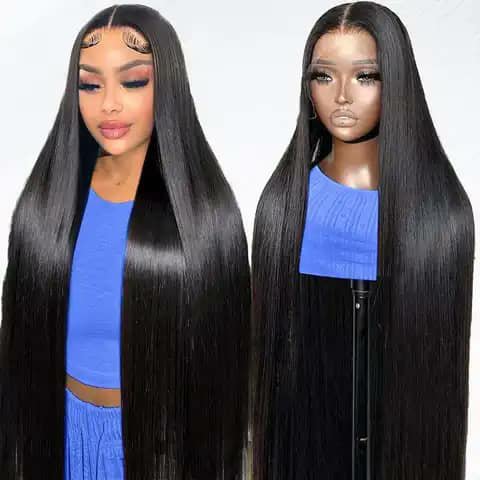 An extra-long straight black wig shown on a woman and on a mannequin.