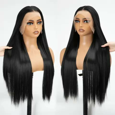 A very long straight black wig shown on a mannequin from two angles.