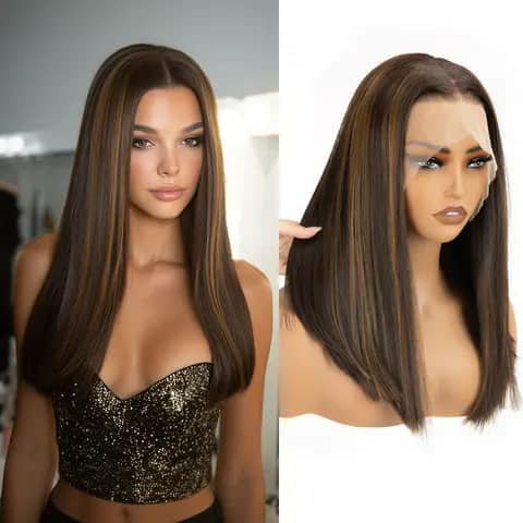 A straight brown wig with lighter highlights shown worn and on a mannequin.