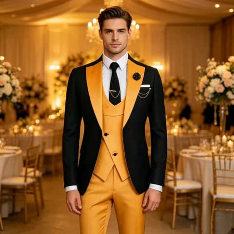 Black suit with mustard vest and trousers