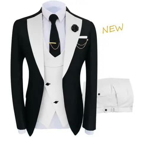 Black suit with white lapels, vest and trousers