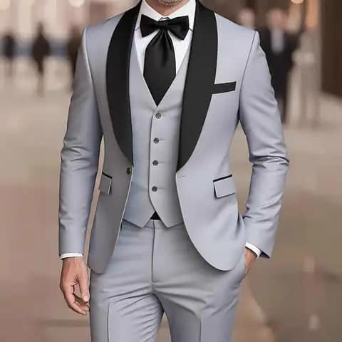 Light grey suit with black lapels and tie