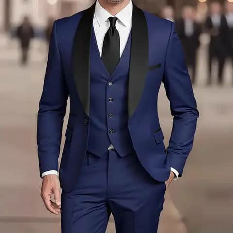 Navy suit with black lapels and tie
