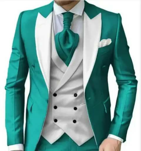 Teal suit with white lapels and vest