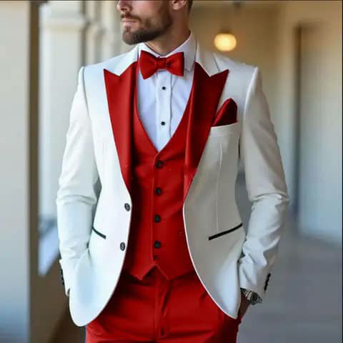 White suit with red vest, trousers and bow tie