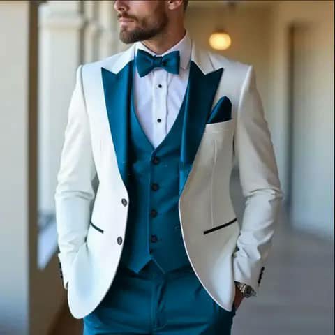 White suit with teal vest, trousers and bow tie
