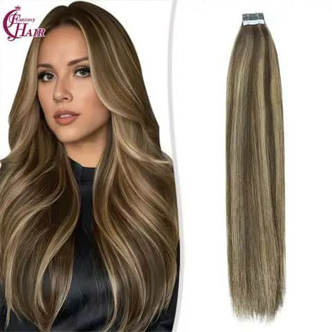 A woman with long blonde-highlighted hair beside a tape-in extension piece.
