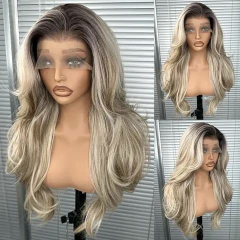 A long wavy blonde ombre wig shown on a mannequin from three angles.