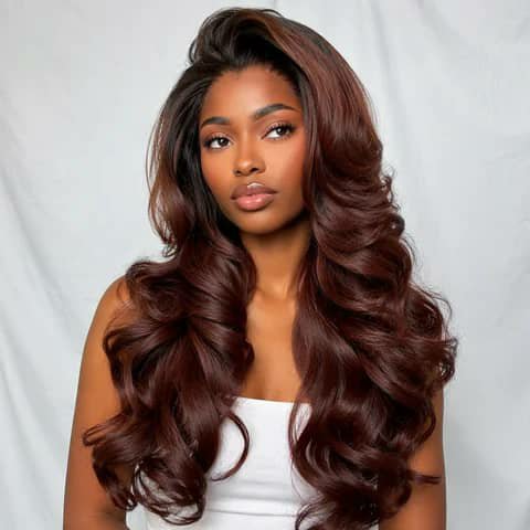 A woman wearing a long wavy burgundy wig.