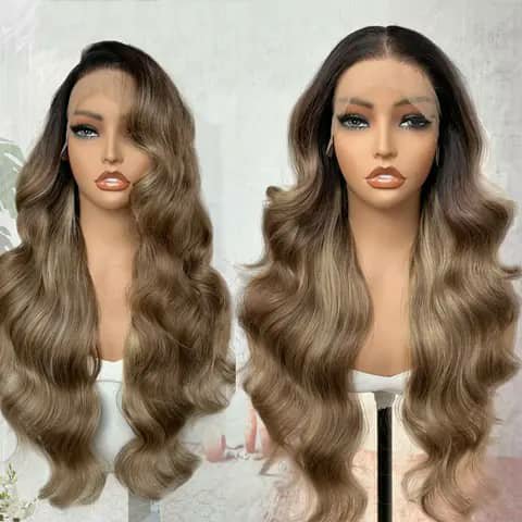 Two long wavy ash-brown wigs on mannequin heads side by side.