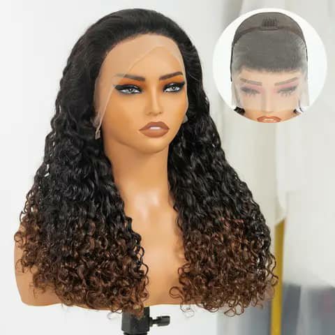 A mannequin head wearing a curly wig that fades from dark roots to brown ends, with an inset of the cap.