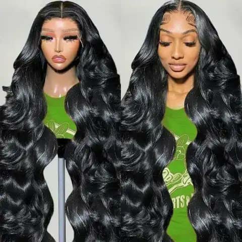 Two views of a long black body-wave wig on a mannequin and worn by a woman in a green top.