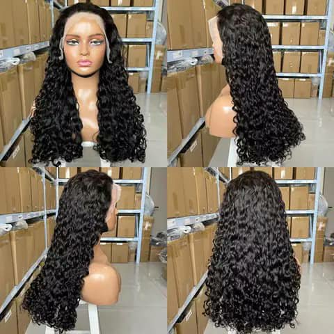 Four views of a long curly black wig on a mannequin head in a warehouse.