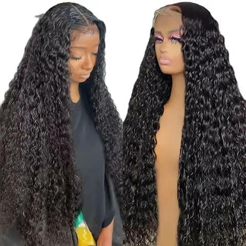 Two views of a long dark deep-curly wig worn by a woman and on a mannequin.
