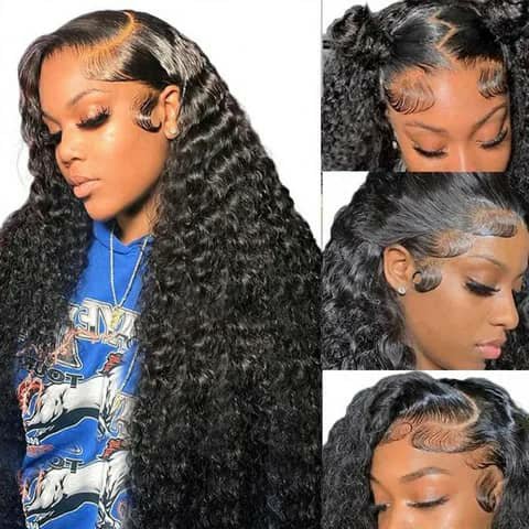 Collage of a long dark deep-wave wig with a main view and three close-up views of the hairline.