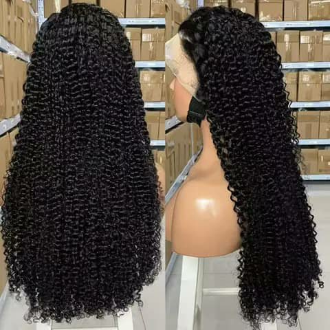 Two views of a long kinky curly black wig on a mannequin head.