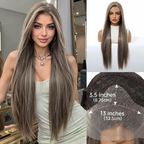 Collage showing a long straight ash-grey wig on a woman and a mannequin, with a lace close-up.