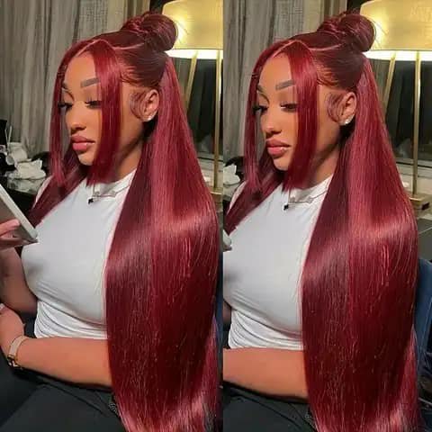 Two views of a woman wearing a long straight burgundy wig in a high ponytail.