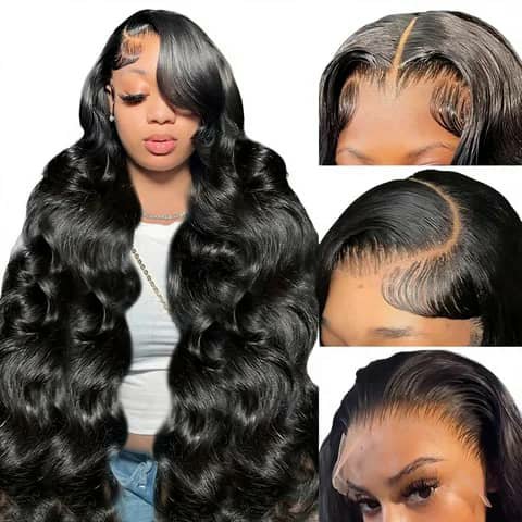 A woman wearing a long wavy black wig, shown with three hairline close-up views.