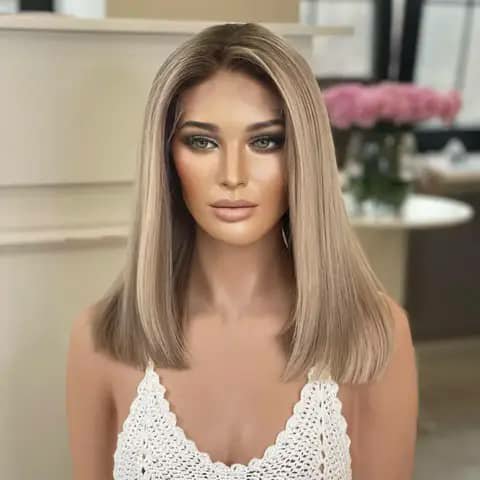 A straight shoulder-length ash-blonde wig on a mannequin head.