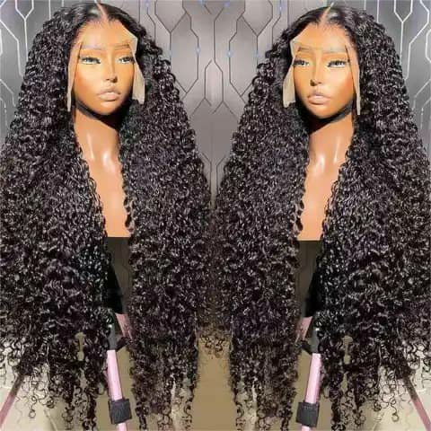 Two mannequin heads wearing very long dark curly wigs with lace fronts.