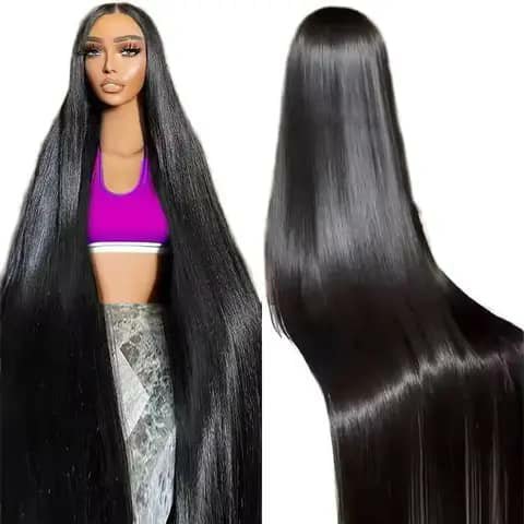 Two views of a very long straight black wig, front view worn by a woman and back view.