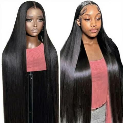 Two views of a very long straight black wig on a mannequin and worn by a woman.