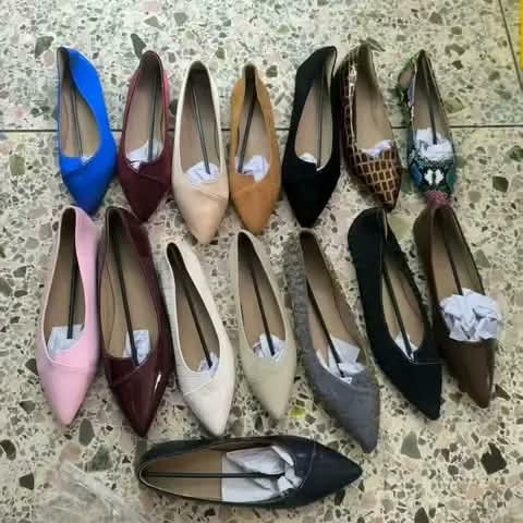 Women's pointed flat shoes laid out in many colours.
